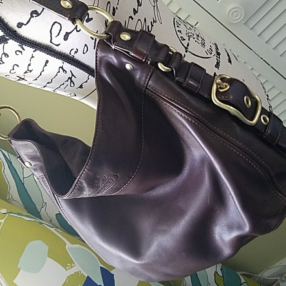 Coach leather purse shoulder bag dark brown gold